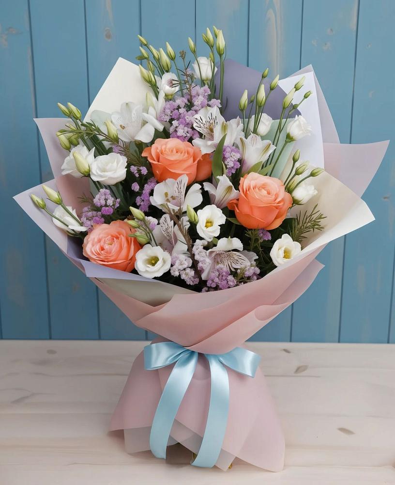 Букет цветов из: Лизиантусы, Розы, Альстромерии и Гипсофила в Вардане